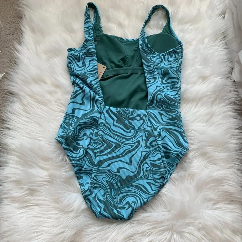 NIKE SWIM Women's Swirl Scoop Neck One-Piece Swimsuit in Green/Blue Sz MEDIUM - Picture 7 of 9